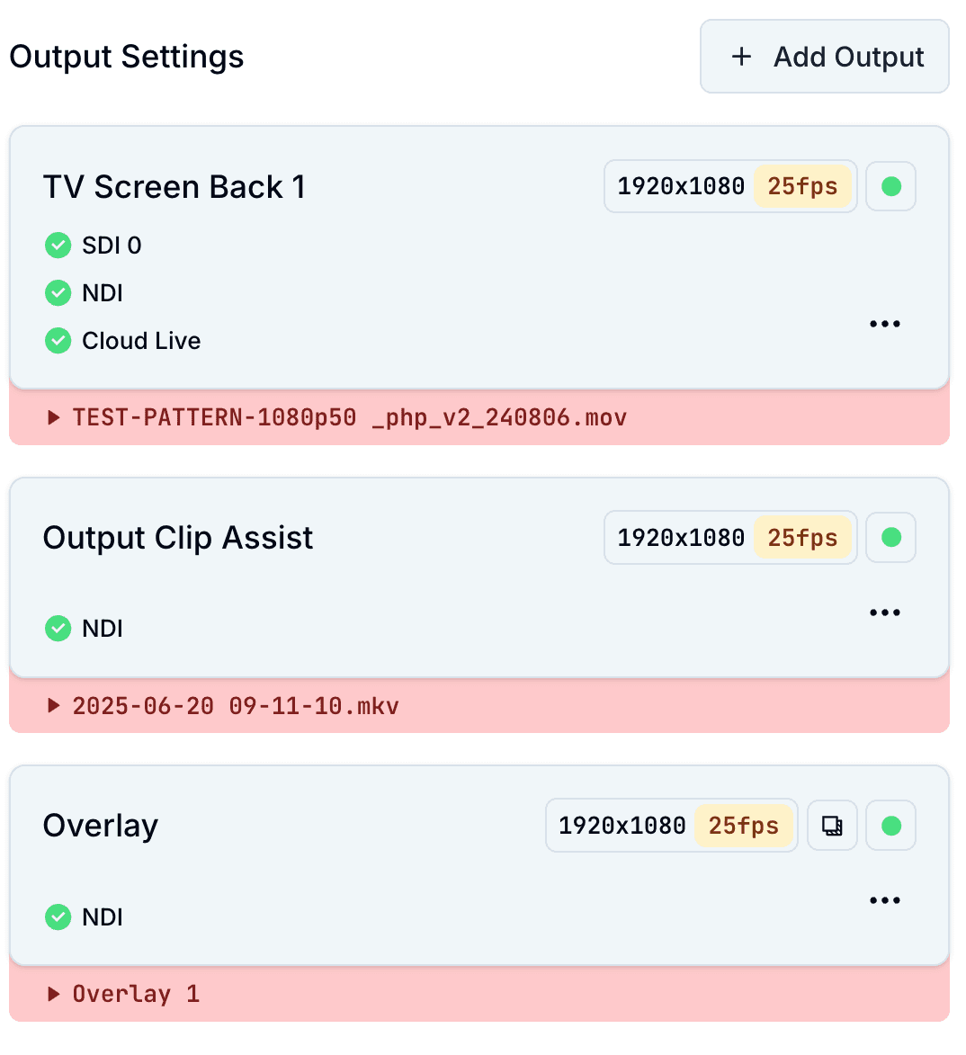 Output settings in the new configurator, with SDI, NDI and Cloud Live mapped per output